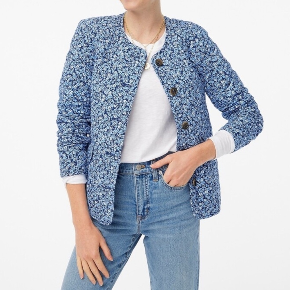 Jcrew Quilted Blue Floral Lightweight Summer Jacket Button Down Mock Meck Size 4